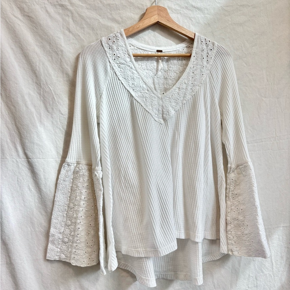 Free People Cream Eyelet V-Neck Bell Sleeve Tunic